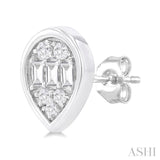 1/5 ctw Petite Bezel Set Pear Shape Fusion Baguette and Round Cut Diamond Fashion Stud Earring in 10K White Gold