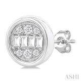 1/5 ctw Petite Bezel Set Round Shape Fusion Baguette and Round Cut Diamond Fashion Stud Earring in 10K White Gold