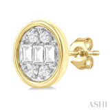 1/5 ctw Petite Bezel Set Oval Shape Fusion Baguette and Round Cut Diamond Fashion Stud Earring in 10K Yellow Gold