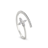 Platinum finish sterling silver micropave adjustable twist flower ring with simulated diamonds