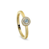 Gold finish sterling silver micropave round simulated aquamarine ring with simulated diamonds size 5