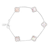 platinum finish sterling silver clover bracelet with pink mop and simulated diamonds on 16"-18" adjustable cable chain