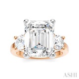 1 1/10 Ctw Tri-Mount Emerald Shape Center Round Cut Diamond Semi-Mount Engagement Ring in 14K Rose and White Gold