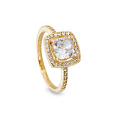 Gold finish sterling silver micropave cushion cut ring with 37 simulated diamonds