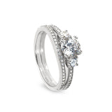 Platinum finish sterling silver micropave three stone wedding ring set with 100facet simulated daimond