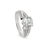 Platinum finish sterling silver micropave v shaped band engagement ring with 100 facet simulated daimond