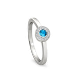 Platinum finish sterling silver micropave round simulated blue topaz ring with simulated diamonds size 5
