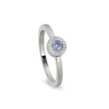 Platinum finish sterling silver micropave round simulated light amethyst ring with simulated diamonds size 5