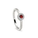Platinum Finish Sterling Silver Micropave Round Simulated Garnet Ring with Simulated Diamonds Size 6