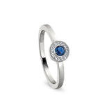 Platinum Finish Sterling Silver Micropave Round Simulated Sapphire Ring with Simulated Diamonds Size 6