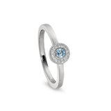 Platinum Finish Sterling Silver Micropave Round Simulated Aquamarine Ring with Simulated Diamonds Size 7