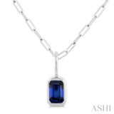 6x4 MM Bezel Set Emerald Cut Sapphire Precious Fashion Pendant With Paperclip Chain in 14K White Gold