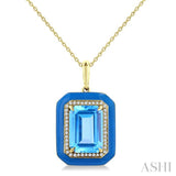 14x10 MM Emerald Cut Blue Topaz and 1/5 Ctw Round Cut Diamond Halo & Blue Enamel Border Semi-Precious Pendant With Chain in 14K Yellow Gold